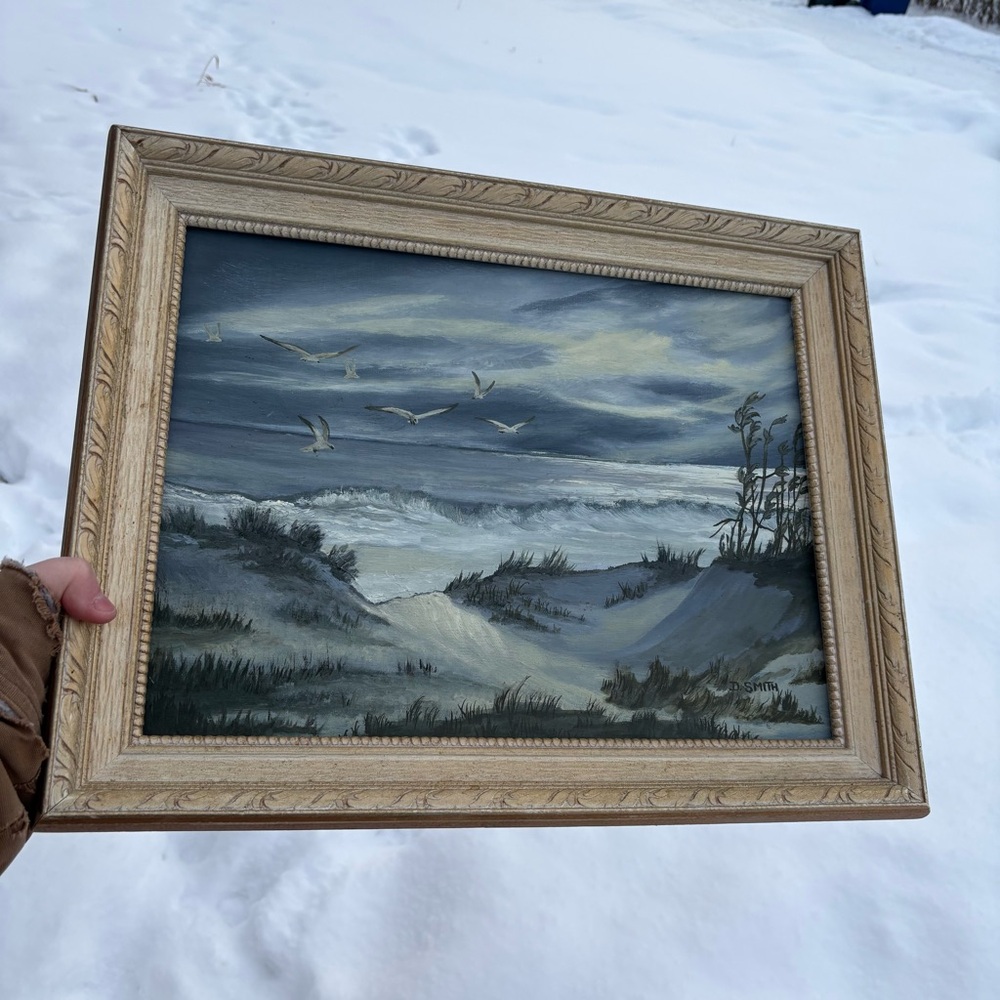 Vintage Oil Painting D.SMITH Ocean Side Shore Beach Nautical MCM ornate frame - Picture 2 of 10